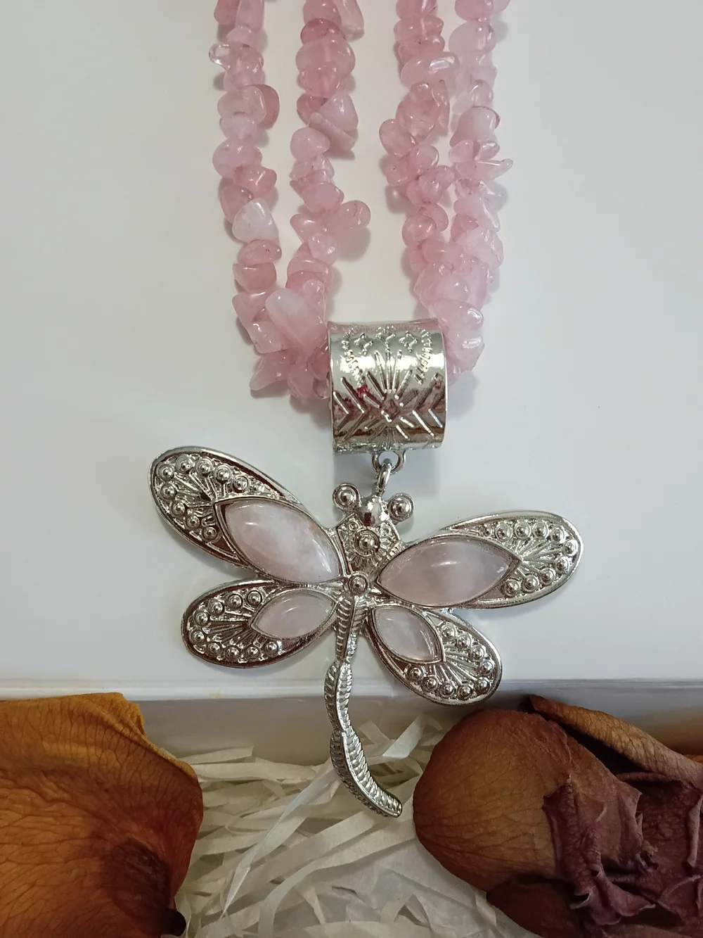 Rose Quartz Silver Dragonfly Pendant Necklace Multi Strand Gorgeous
